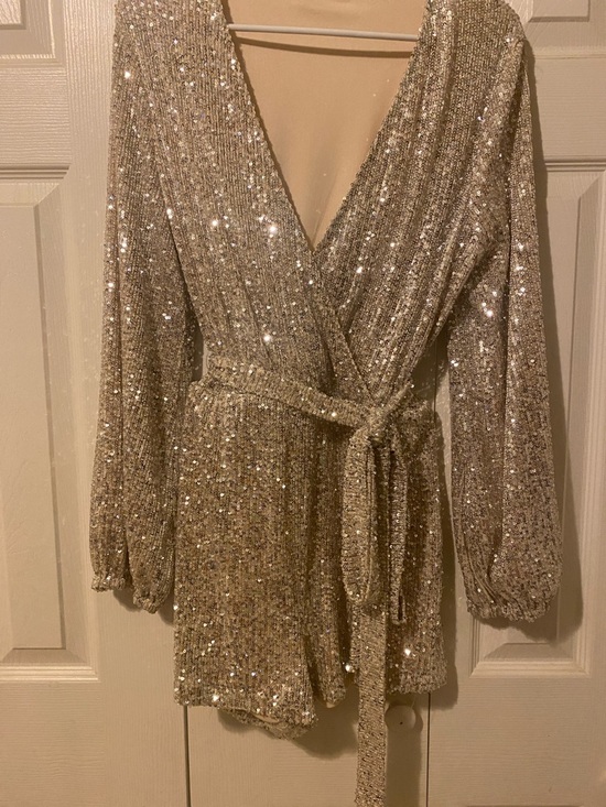 Saints And Hearts Pants - Sequin Faux Wrap Romper in Champagne